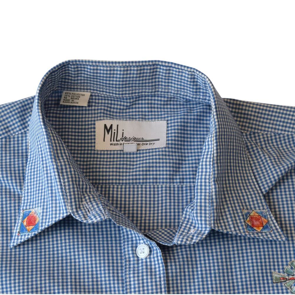 Vintage Gingham Shirt with Amish Folk Art Wagon & Quilt Block Prints - Picture 4 of 6